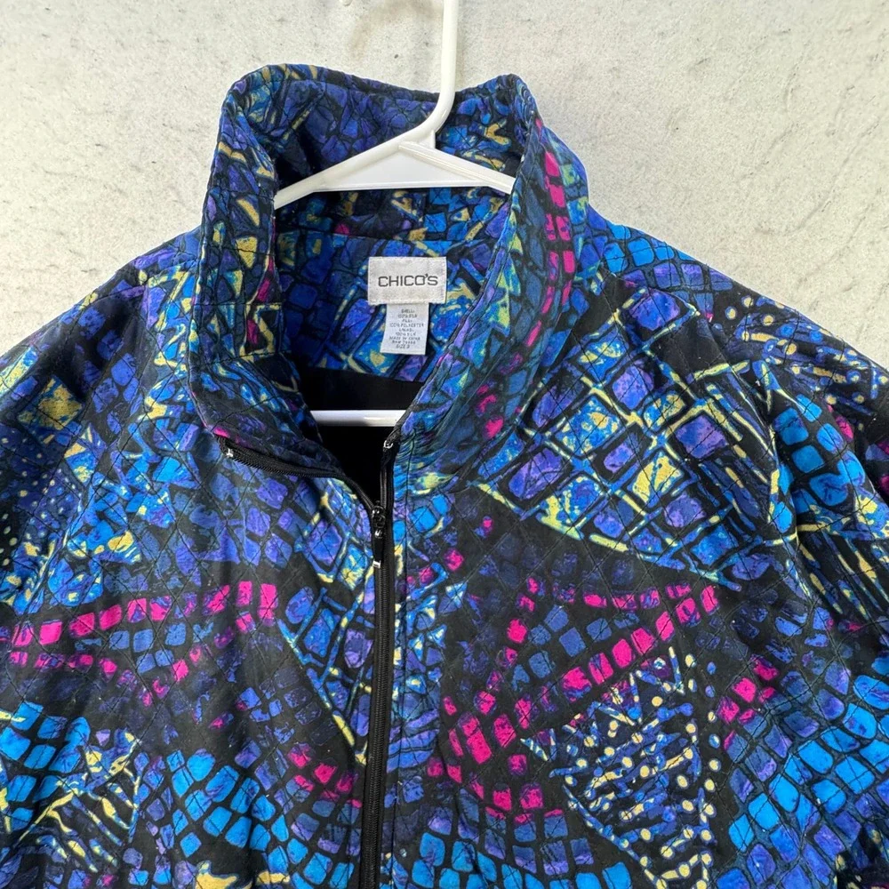Chico's 3 Quilted Silk Bomber Jacket Women Size XL Full Zip Art to Wear Eclectic - Picture 8 of 12